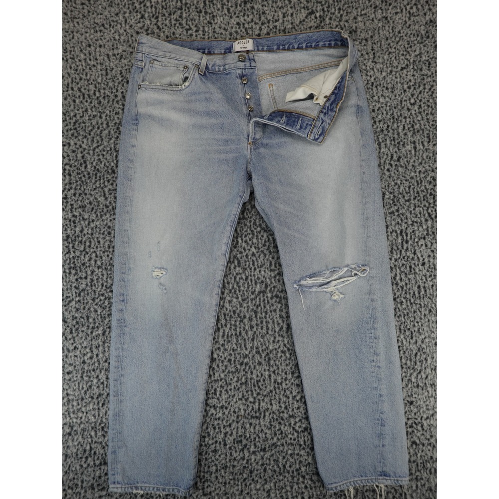 AGOLDE Hero Jeans Mens 38 Light Wash Distressed Straight Leg Button Fly‎ Blue